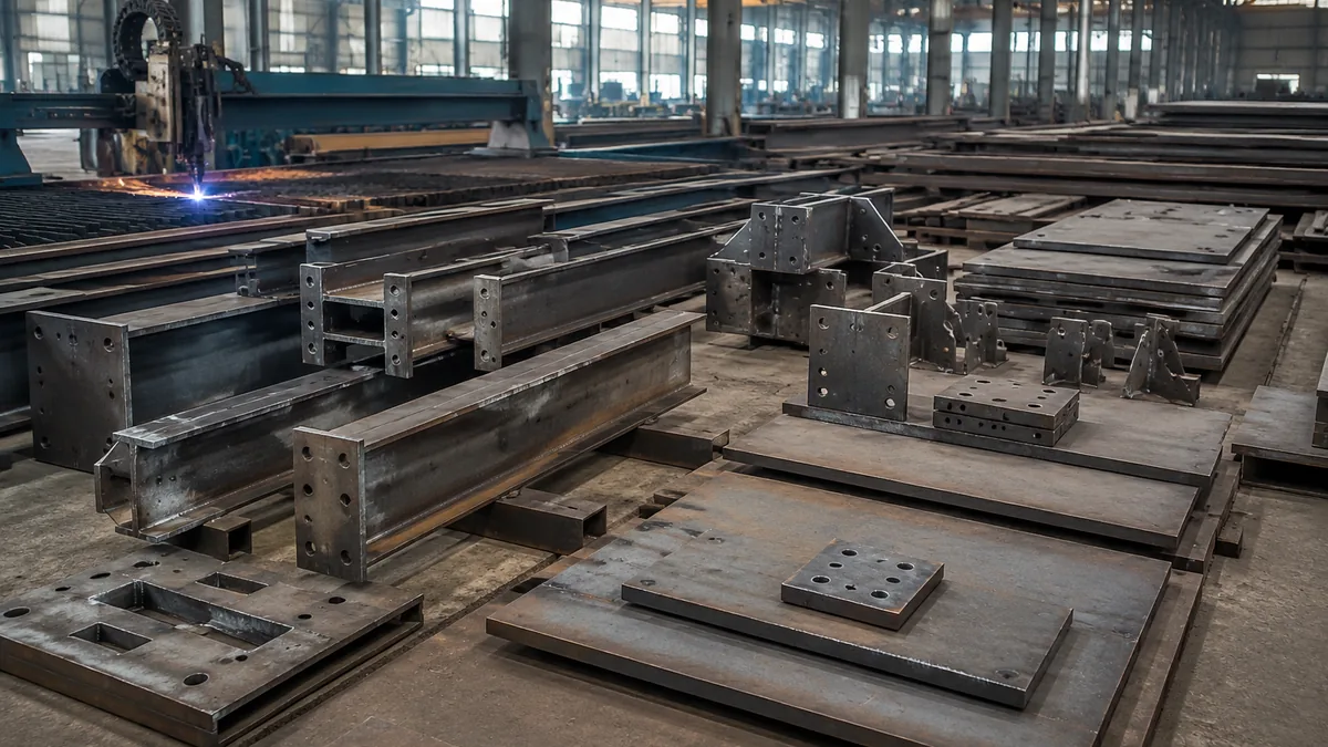 Structural steel plates and fabricated sections prepared for project assembly